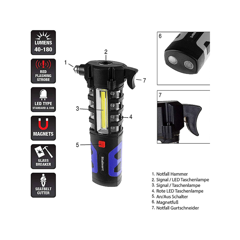 Автомобилна работна лампа с авариен сигнал и чук ZJ-809