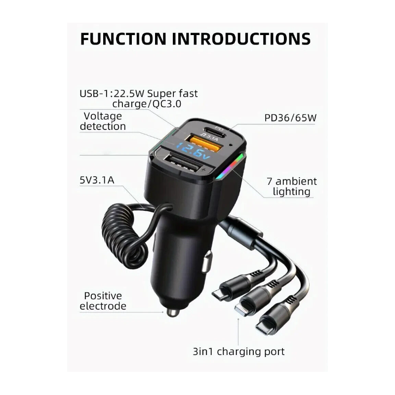 Зарядно за запалка 65W с три кабела К4 -89052