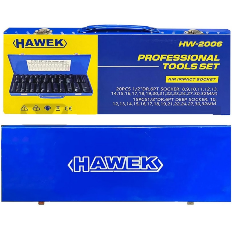 Вложки,ударни,35бр,1/2" дълбоки и къси 8-32мм Hawek HW-2006